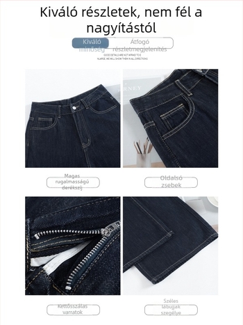 Női casual denim nadrág magas derekú, lazán bő, széles szabású, denim pamut és poliészter keverék.