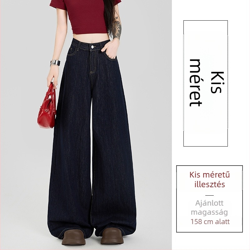 Női casual denim nadrág magas derekú, lazán bő, széles szabású, denim pamut és poliészter keverék.