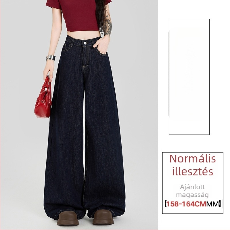 Női casual denim nadrág magas derekú, lazán bő, széles szabású, denim pamut és poliészter keverék.