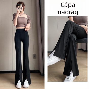 Női hasítékos bootcut nadrág, magas derék, karcsúsító, 2025 új stílus, fekete, plusz méret, drapírozott