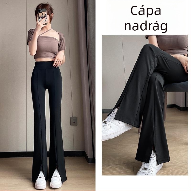 Női hasítékos bootcut nadrág, magas derék, karcsúsító, 2025 új stílus, fekete, plusz méret, drapírozott