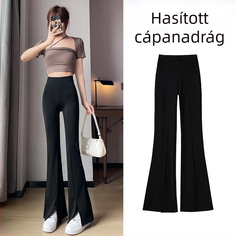 Női hasítékos bootcut nadrág, magas derék, karcsúsító, 2025 új stílus, fekete, plusz méret, drapírozott