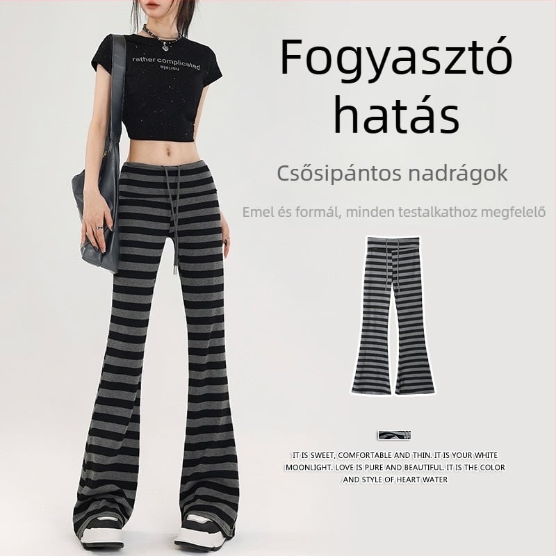 Női magas derekú csíkos, széleslábú casual nadrág, nyár 2022