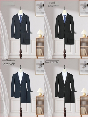 Uniszex formális öltöny, szűk szabás, sík gallér, egygombos zárás, poliészter anyag spandesz béléssel, esküvőre, ősz 2025