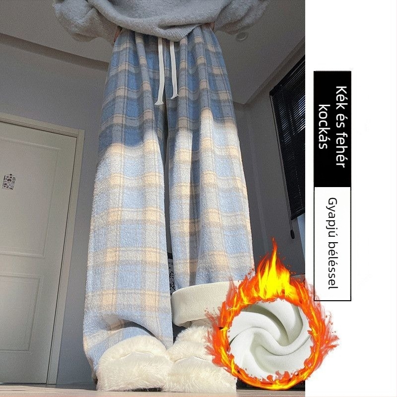 Plusz méretű kék fleece bélelt kockás nadrág nőknek, őszi-téli, lazább szabás