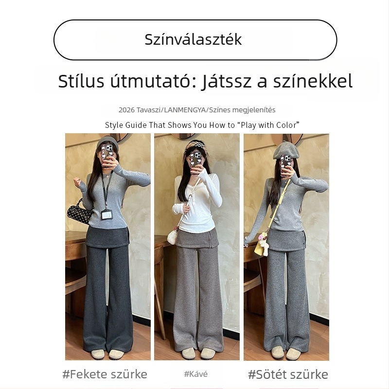 Női széles szárú nadrág, magas derekú, koreai stílusú, hosszú, 90–95% poliészter