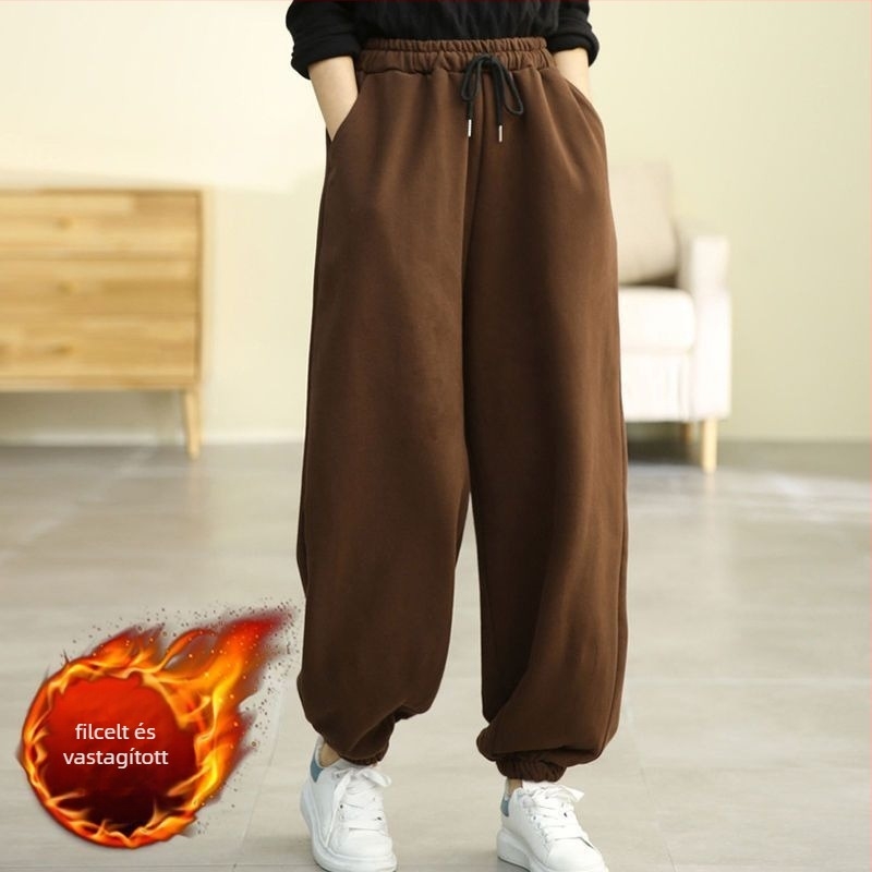 Női fleece-belelt haremi nadrág PVC és egyéb anyagokból, bokán zárt szár, 2024 tavasz, mindennapi nadrág