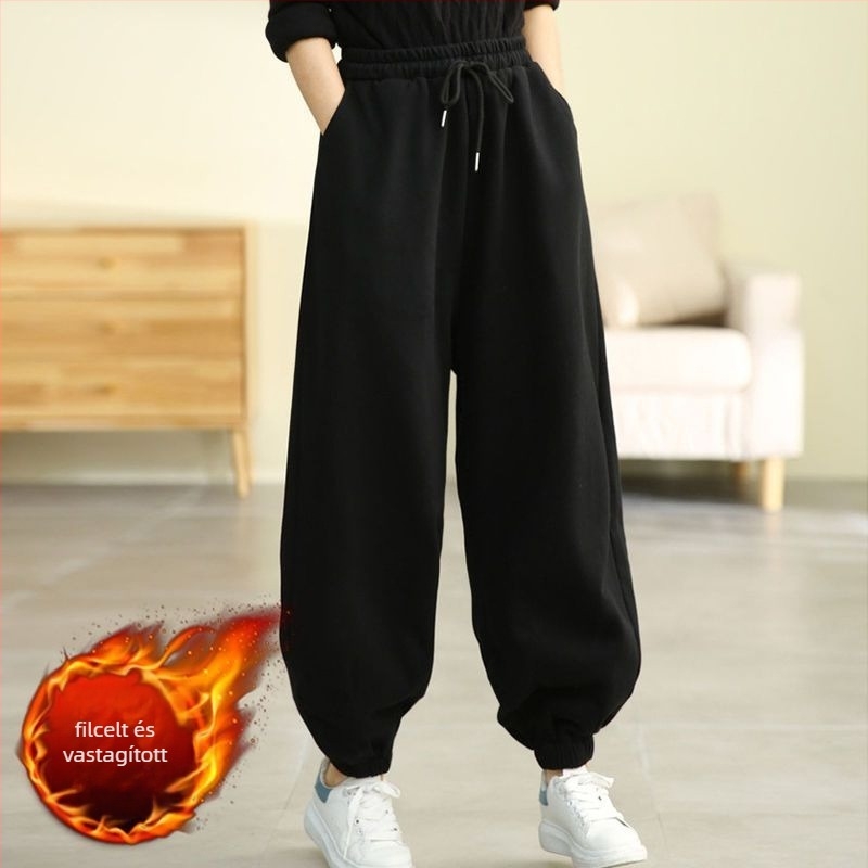 Női fleece-belelt haremi nadrág PVC és egyéb anyagokból, bokán zárt szár, 2024 tavasz, mindennapi nadrág