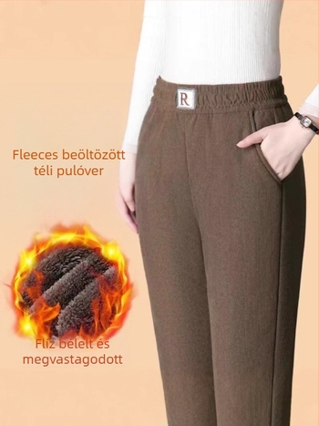 Fleecével bélelt harémnadrág, magas derék, egyenes szabás, 95% poliészter