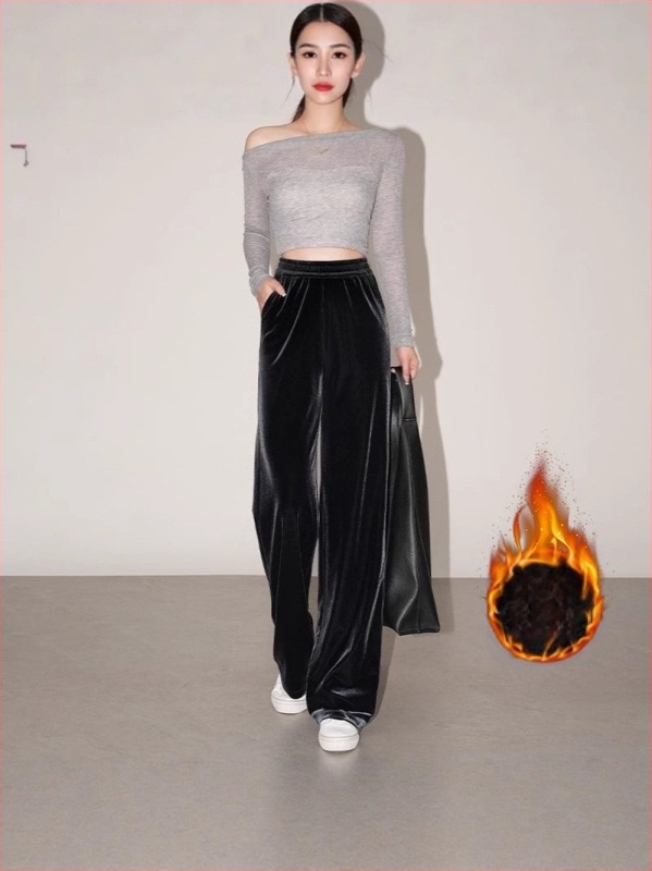 Női velúr széleslábú nadrág, poliészter velúr, elasztikus derék, vastag anyag, mikroelasztikusság, vasalásmentes felület