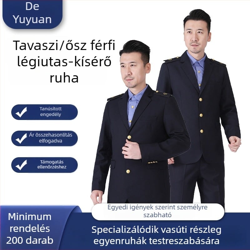 Férfi vasúti szolgálati egyenruha, tavasz–ősz, bevágott gallér (Notch lapel), háromgombos elöl, középső hátsó hasítás, karcsú szabás, anti-hair serge anyag 20% viszkóz