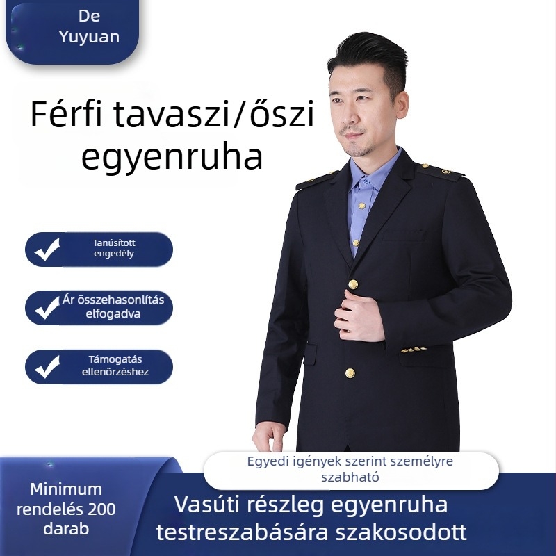 Férfi vasúti szolgálati egyenruha, tavasz–ősz, bevágott gallér (Notch lapel), háromgombos elöl, középső hátsó hasítás, karcsú szabás, anti-hair serge anyag 20% viszkóz
