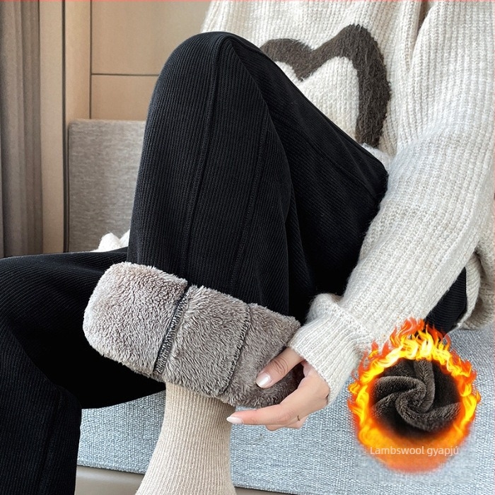 Női Chenille fleece-béléses egyenes nadrág, elasztikus derék, téli vastag, mindennapi stílus