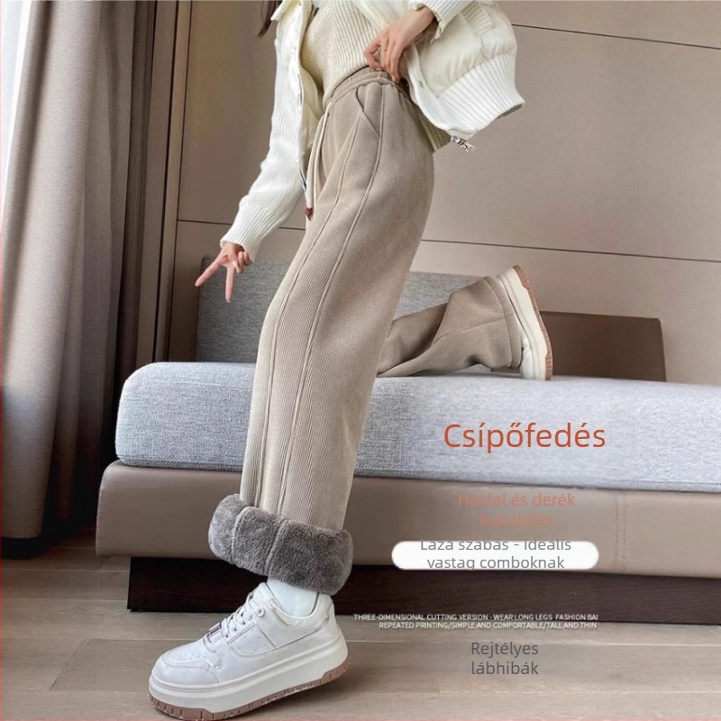 Női Chenille fleece-béléses egyenes nadrág, elasztikus derék, téli vastag, mindennapi stílus