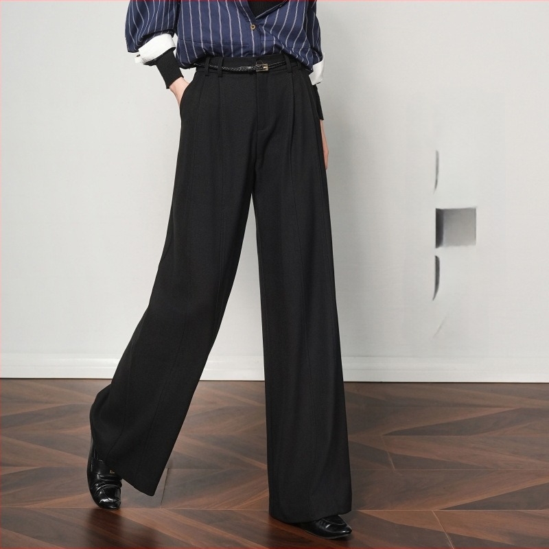 Gyapjúkeverékből készült széles nadrág, magas derekú, drapírozott vonal, vasalásmentes, hétköznapi, őszi 2025