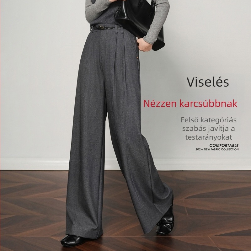 Gyapjúkeverékből készült széles nadrág, magas derekú, drapírozott vonal, vasalásmentes, hétköznapi, őszi 2025