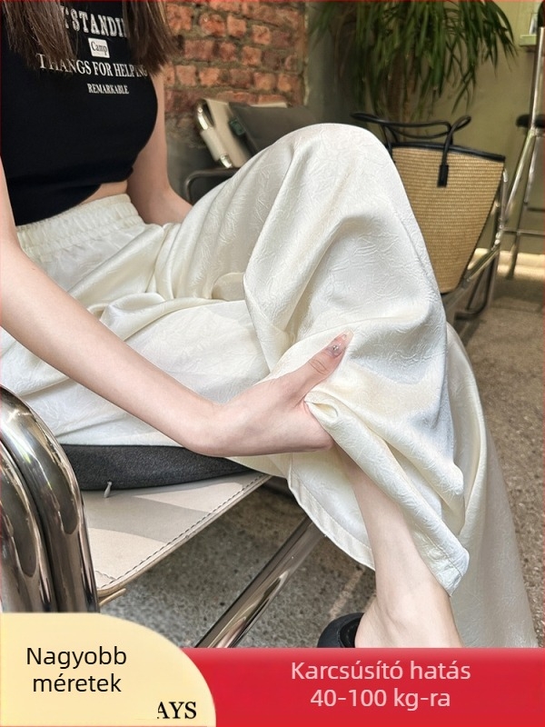 Női acetát-szatex széles lábú nadrág, nyár, magas derék, laza, egyenes szabás, plusz méret
