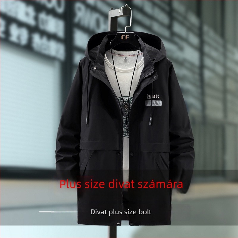 Férfi középmagas trench coat, álló gallér, cipzáras, könnyű anyag, 100% poliészter, őszi viselet.