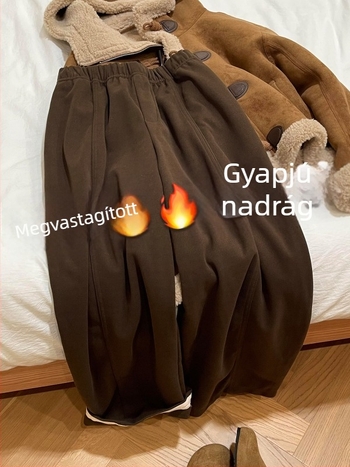 Barna gyapjúból készült laza női nadrág, ősz-tél, plusz méret körte alakú testtípushoz, elasztikus derék, sokoldalú egyenes szabás