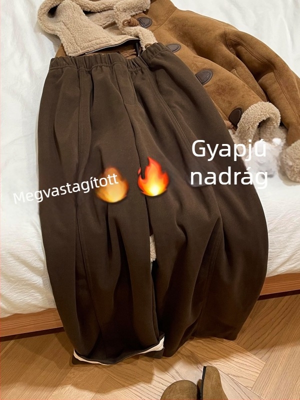 Barna gyapjúból készült laza női nadrág, ősz-tél, plusz méret körte alakú testtípushoz, elasztikus derék, sokoldalú egyenes szabás