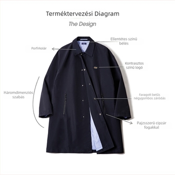 Trench kabát Teflon háromvédő bevonattal, gallér Lapel, középméret hossz, egysoros gombos, poliészter anyag