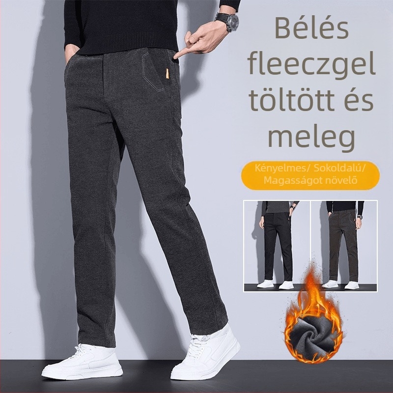 Férfi téli chenille plüss béléses nadrág, egyenes szabású, üzleti casual stílus, középmagas derekú övvel és cipzárral