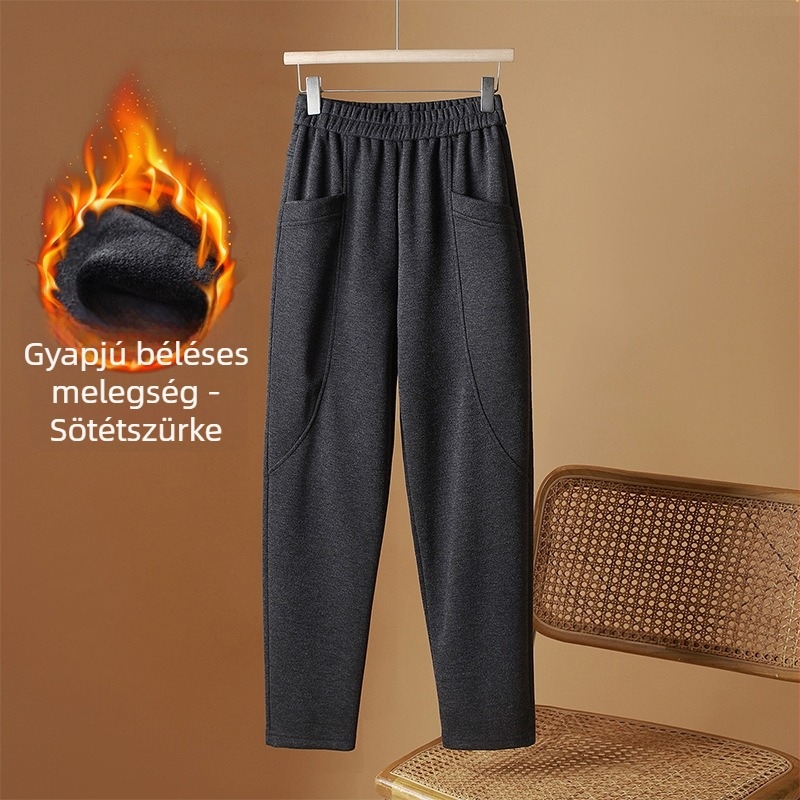 Női plusz méretű fleece-bevonatú gyapjú harémnadrág, őszi-téli, lazán szabott