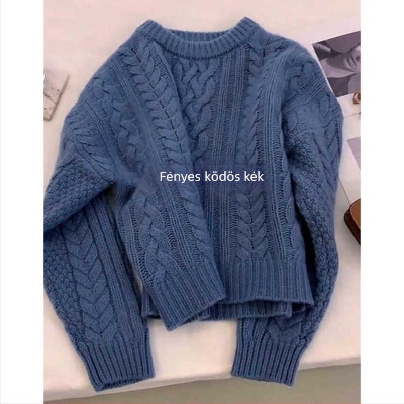 Kapucnis kötött pulóver polo gallérral, lazán szabott, hosszú ujjú, közepes vastagságú, spandex-poliészter fonalból