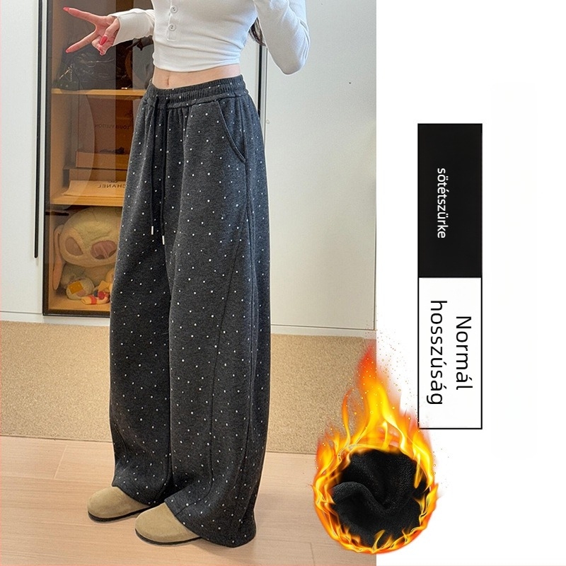 Női téli nadrág 2025‑ös tél, magas derekú, széles lábú, jacquard hullám‑pötty mintával, fleece béléssel, vastag, casual