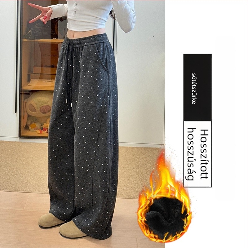 Női téli nadrág 2025‑ös tél, magas derekú, széles lábú, jacquard hullám‑pötty mintával, fleece béléssel, vastag, casual