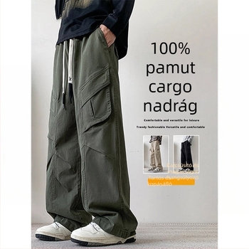 Hosszított férfi cargo nadrág 100% pamutból, magas testalkathoz illeszkedő, amerikai stílusú, több zsebbel, lazán szabott