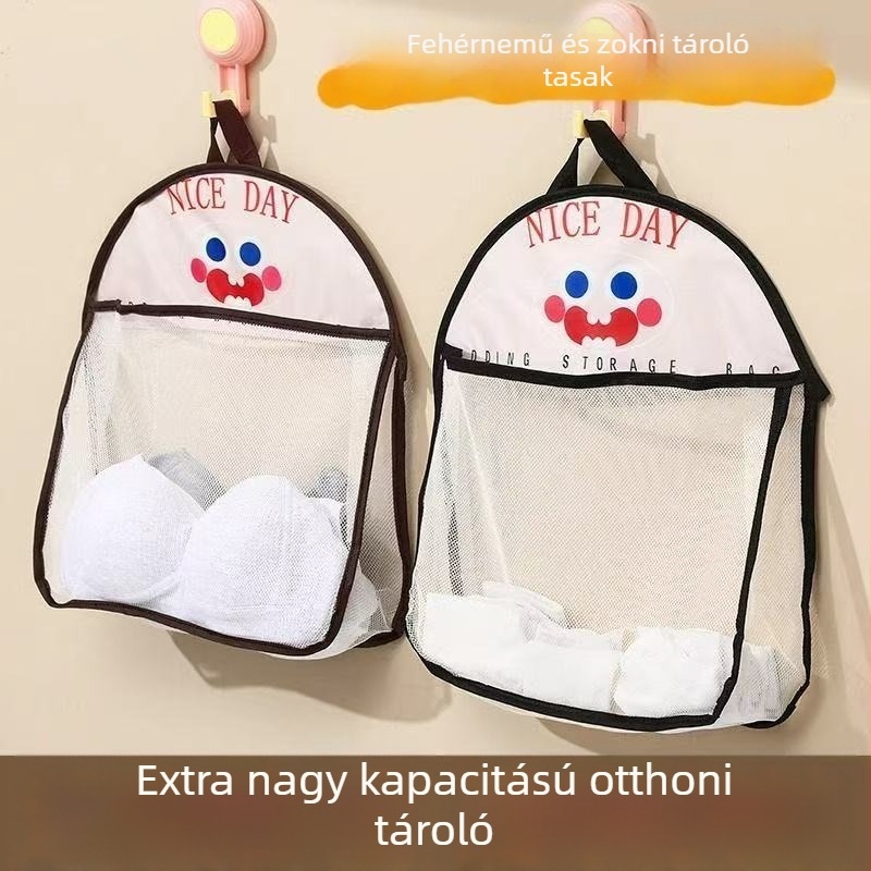 Függő tároló az alsóneműk és zoknik számára, hálós anyagú, hengeralakú, összecsukható, nagy kapacitás, mosolygós dizájn