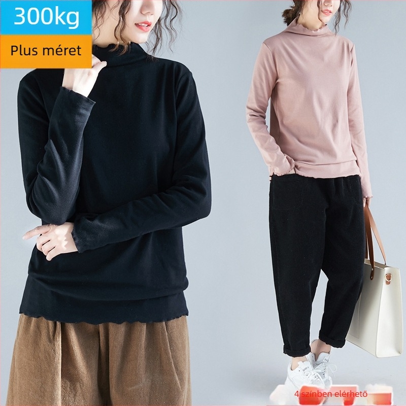 Női alap felső, hosszú ujjú, kötött anyagból, fél magas gallér csipkével, pamut-gyapjú keverék, 90–95% pamut, spandex; ősz 2024