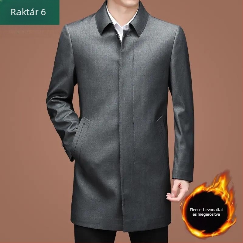Férfi kabát fleece-béléssel, középhosszú, öltöny-nyakú, cipzáros, laza szabású