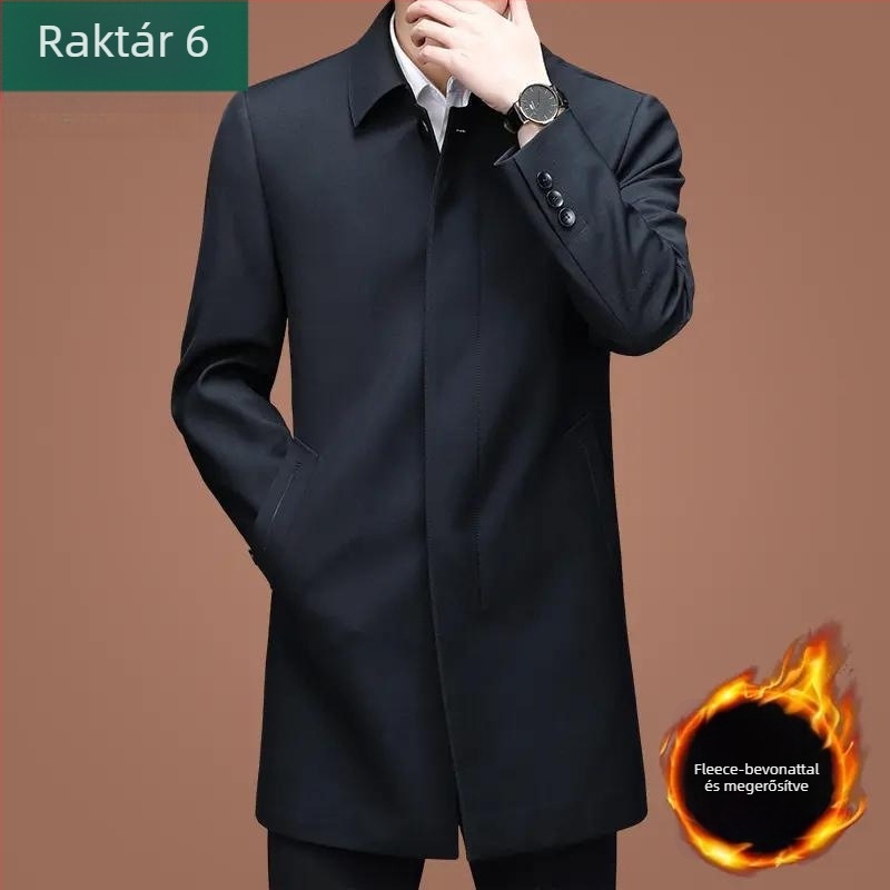 Férfi kabát fleece-béléssel, középhosszú, öltöny-nyakú, cipzáros, laza szabású