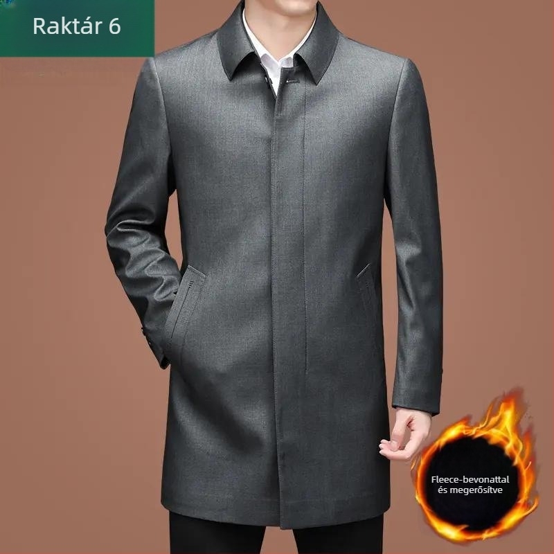 Férfi kabát fleece-béléssel, középhosszú, öltöny-nyakú, cipzáros, laza szabású