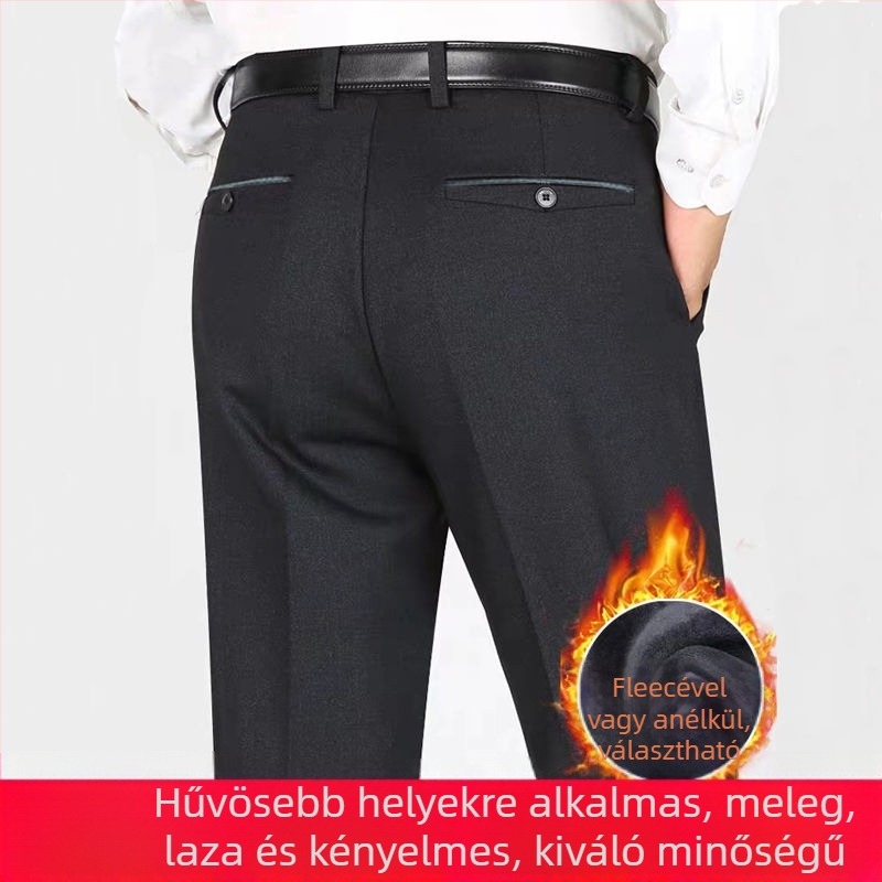 Őszi-téli lazán szabott férfi hosszú nadrág, egyenes szárú, fleece béléses, középkorú férfiak számára