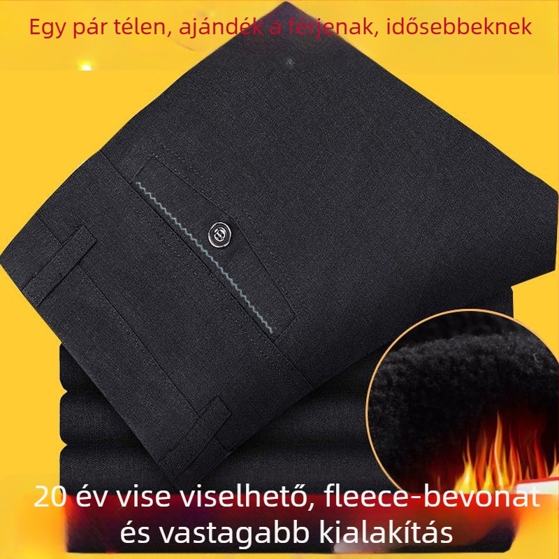 Őszi-téli lazán szabott férfi hosszú nadrág, egyenes szárú, fleece béléses, középkorú férfiak számára