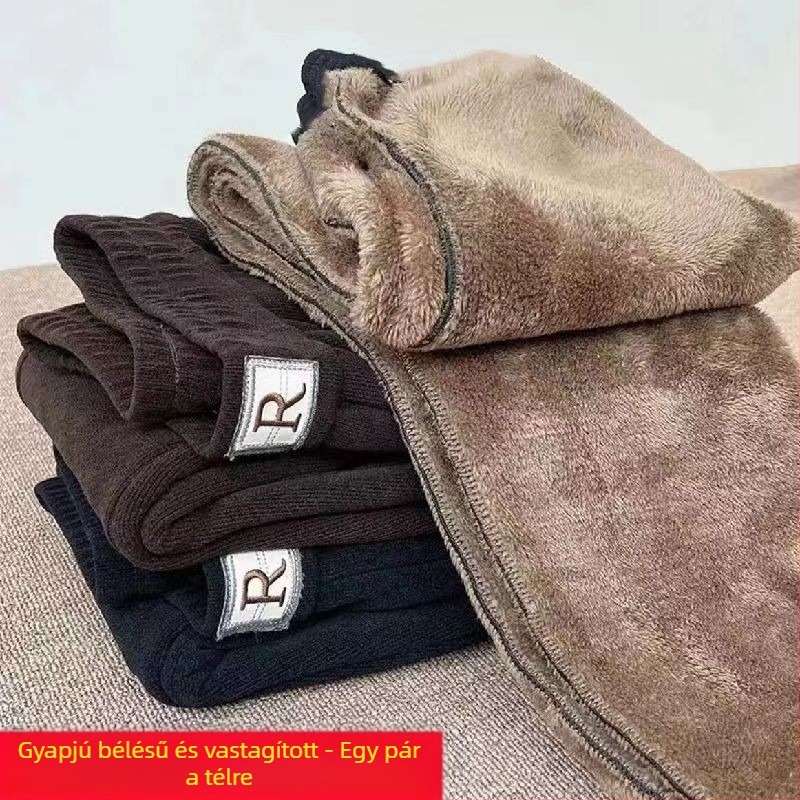 Női harémnadrág ősz-tél fleece béléses, vastag, plusz méret, R címkével, mindennapi egyenes szabású nadrág zsebekkel