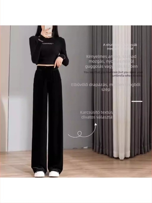 Női Gold Silk Velvet széles szárú nadrág, magas derekú, egyenes szabás, fleece bélés