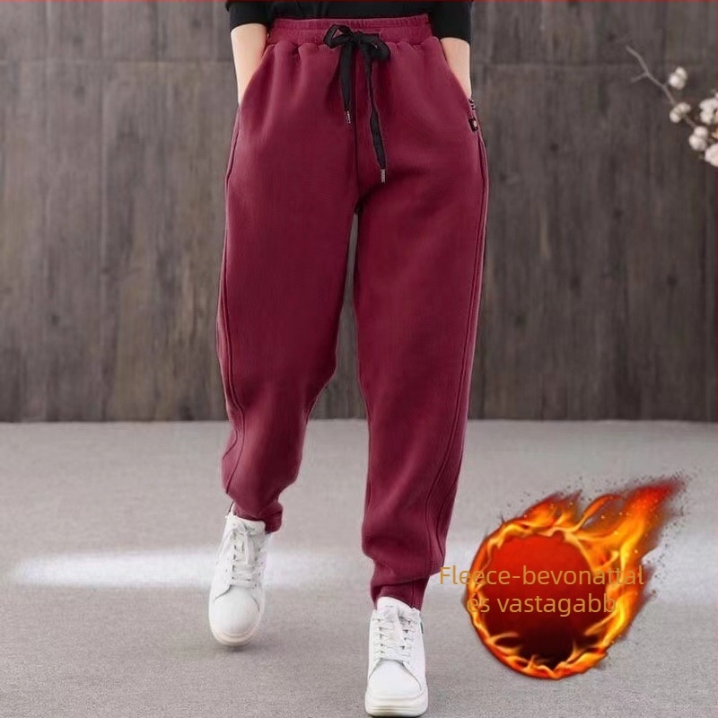 Női casual nadrág fleece-béléssel, haremszabás, vastag téli anyag, laza derék, mikro-elasztikusság