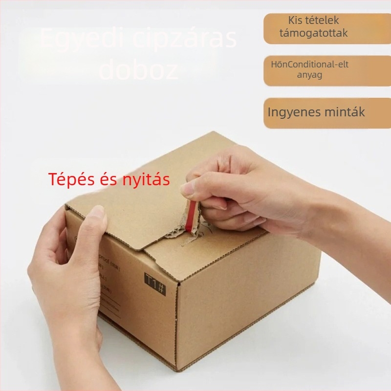 Személyre szabott cipzáras téphető futárkarton Kraft kartonból, hajtogatható kivitel, önzáró ragasztó, logónyomás, 5 mm vastagság, 250 gsm