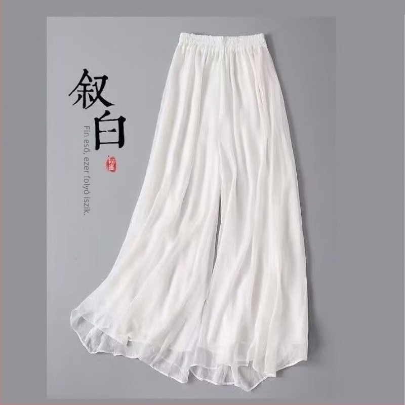 Női chiffon széles lábú nadrág, dupla réteg, magas derékvonal, hosszú, nyári városi elegáns