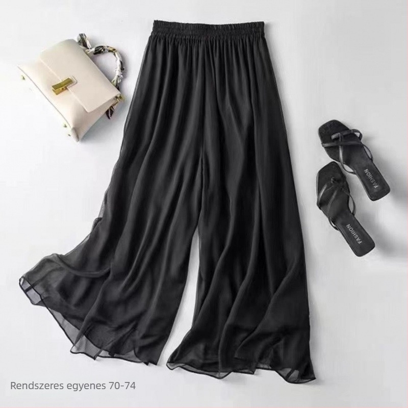 Női chiffon széles lábú nadrág, dupla réteg, magas derékvonal, hosszú, nyári városi elegáns