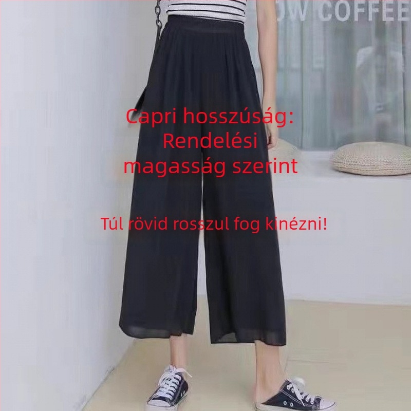 Női chiffon széles lábú nadrág, dupla réteg, magas derékvonal, hosszú, nyári városi elegáns