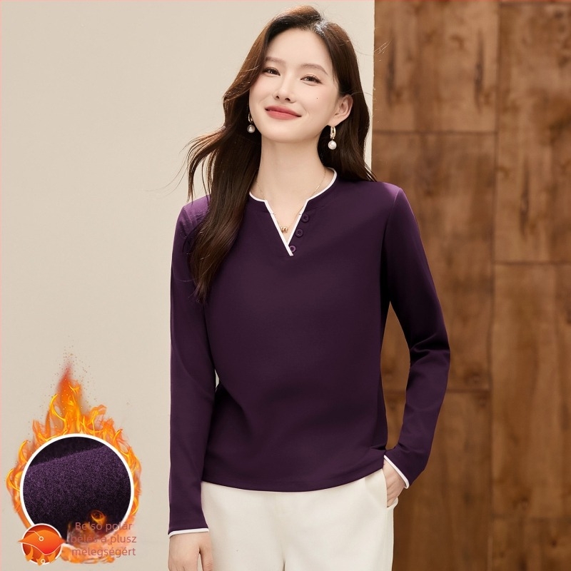Női hosszú ujjú fleece-betétes felső őszi-téli szezonra – szürke külső