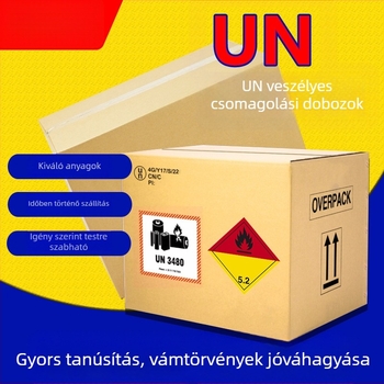 Veszélyes áruk kartonja: hajlékony karton doboz lítium-ion akkumulátorok és vegyi anyagok számára, ofszetnyomtatás, hullámkarton, 230 GSM, nettó tömeg 230 g, merevítés
