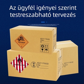 Veszélyes áruk kartonja: hajlékony karton doboz lítium-ion akkumulátorok és vegyi anyagok számára, ofszetnyomtatás, hullámkarton, 230 GSM, nettó tömeg 230 g, merevítés
