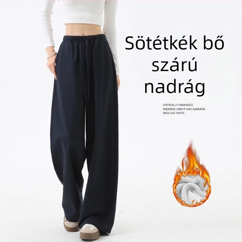 Női pamutból készült széleslábú, egyenes nadrág, laza derekú, sűrű anyagú, mindennapi üzleti stílus