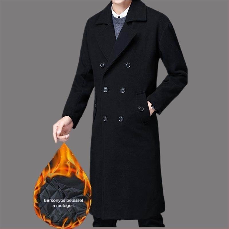 Férfi hosszú gyapjú kabát, dupla gombos, gallér öltöny, kapucni nélkül, könnyű bélés, egyszínű